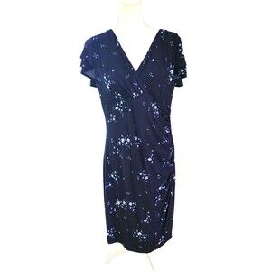 Lauren Ralph Lauren Dress Faux Wrap Flutter Sleeve Blue Floral  Womens Size 18